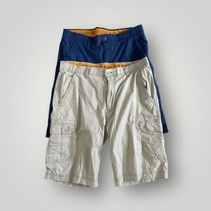WearFirst Men's Cargo Shorts 36 Two Pair Blue Khaki Tan Flat Front Pockets